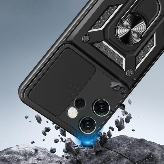 Pancierované puzdro pre Oppo Reno 14F, s ochranou fotoaparátu, so stojanom, čierne
