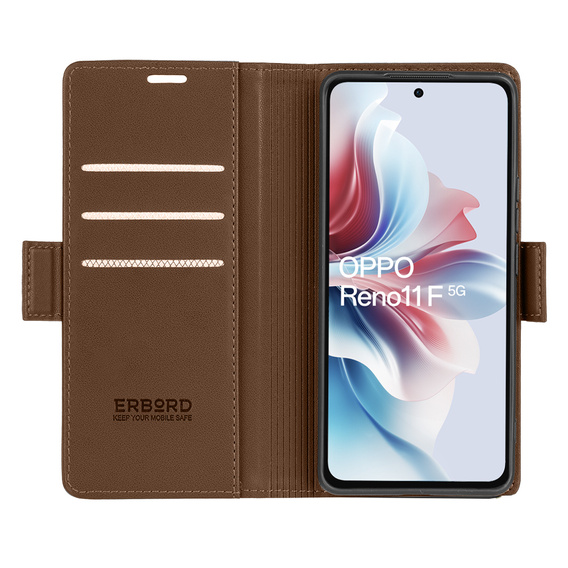 Puzdro pre Oppo Reno 11F, ERBORD Glossy Litchi, flipová peňaženka, hnedé
