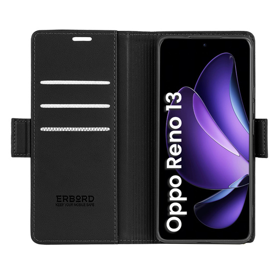 Puzdro pre Oppo Reno 13, ERBORD Glossy Litchi, flipová peňaženka, čierne