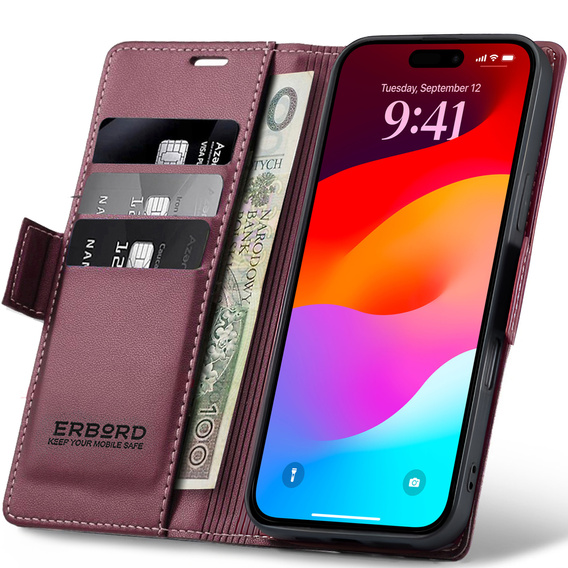 ERBORD Lesklé puzdro Litchi, flipová peňaženka pre iPhone 17 Pro Max