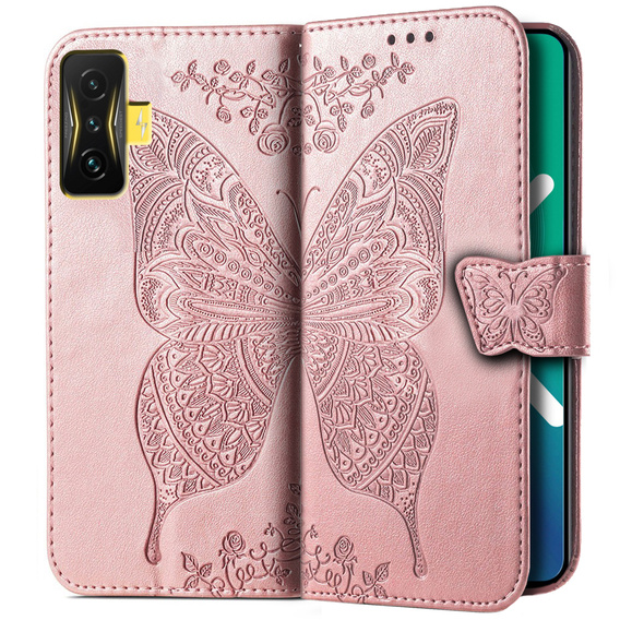 Klapkové puzdro pre Xiaomi Poco F4 GT, Butterfly, ružové rose gold