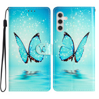 Klapkové puzdro pre Samsung Galaxy A25 5G, Wallet, Butterfly, modré + 9H sklo