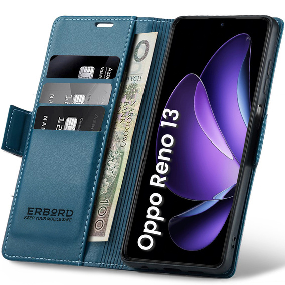 Puzdro pre Oppo Reno 13, ERBORD Glossy Litchi, flipová peňaženka, modré