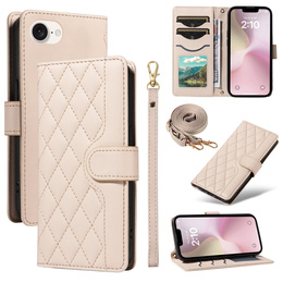 Puzdro s chlopňou pre iPhone 16E, Rhombus Crossbody Leather, béžové