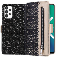 Klapkové puzdro pre Samsung Galaxy A52 / A52s, Wallet Pocket Zipper Lace, čierne