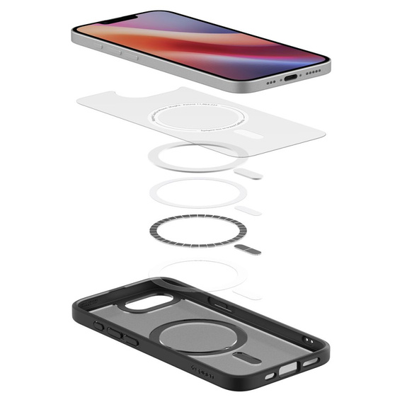 Puzdro MagSafe Spigen pre iPhone 16E, Ultra Hybrid, transparentné / čierne + tvrdené sklo 9H