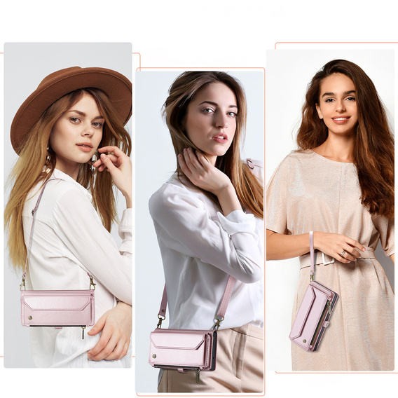 Puzdro CASEME pre Samsung Galaxy S25 FE, RFID Leather Wallet, s popruhom cez rameno, ružové