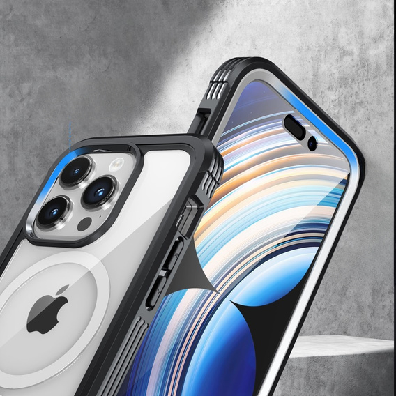 Puzdro pre iPhone 15 Pro, Armoured Full Protect 360° pre MagSafe, sklo na displej, čierne