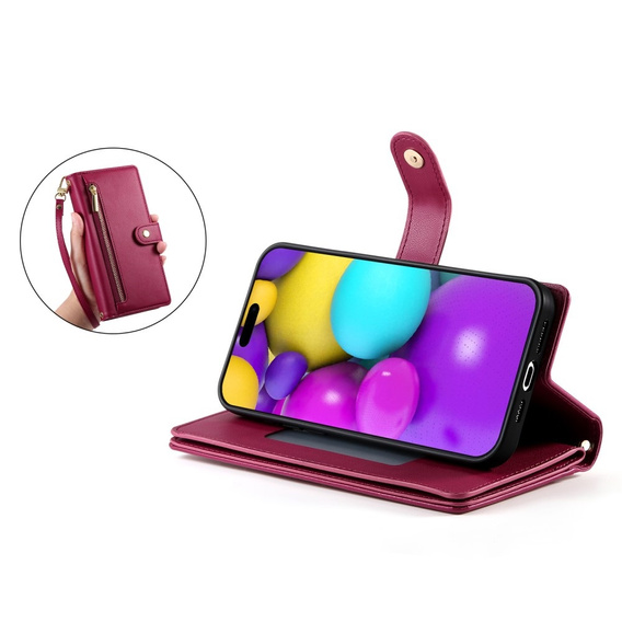 Klapkové puzdro pre iPhone 16, Wallet Zipper Pocket, červené