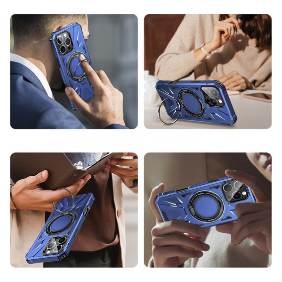 Puzdro pre iPhone 16 Pro Max, pancierované so stojanom a rukoväťou, modré