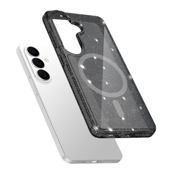 Tvrdené puzdro s leskom, pre MagSafe pre Samsung Galaxy S26 Plus, priehľadné/čierne