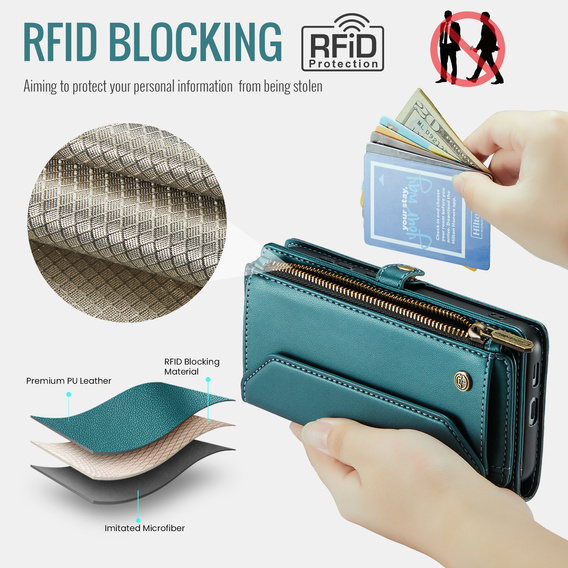 Puzdro CASEME pre Samsung Galaxy S25 FE, RFID Leather Wallet, s popruhom cez rameno, zelený