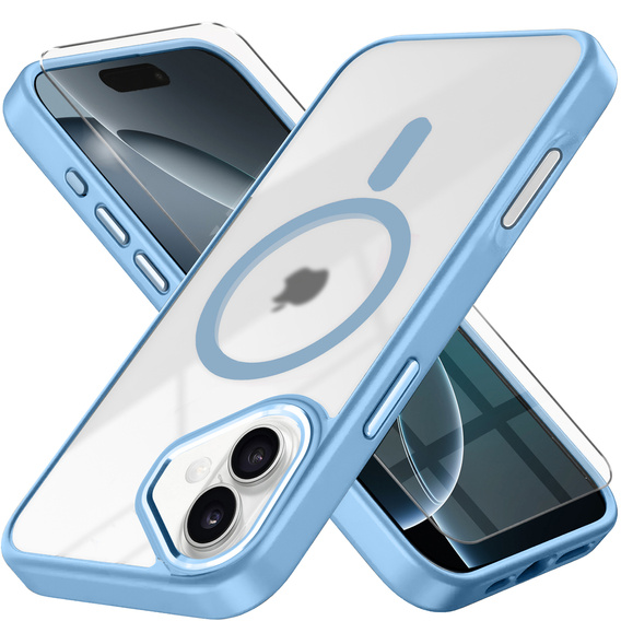 Puzdro pre iPhone 16, pre MagSafe, ERBORD Matt Case, transparentné / modré + sklo na displej
