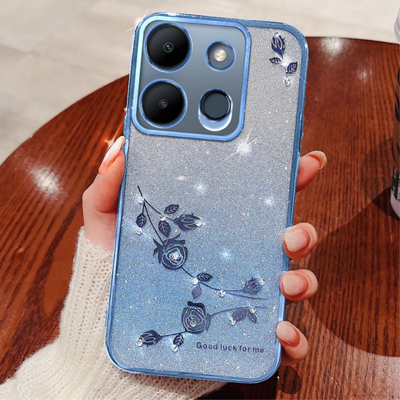 Puzdro pre Infinix Smart 7 4G, Glitter Flower, modré