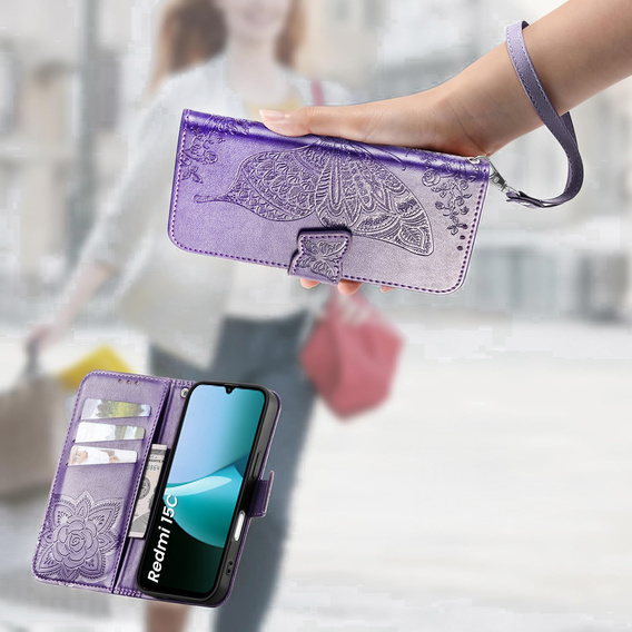 Klapkové puzdro pre Xiaomi Redmi 15C 4G/LTE, Butterfly, fialové