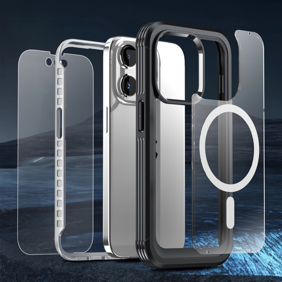 Puzdro pre iPhone 15 Pro, Armoured Full Protect 360° pre MagSafe, sklo na displej, čierne