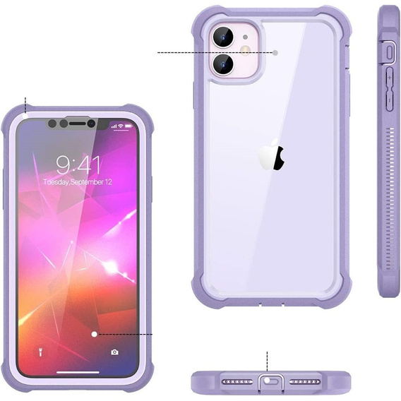 Obal na mobil pre iPhone 11, Dexnor Full Body Rugged, transparentné / fialové