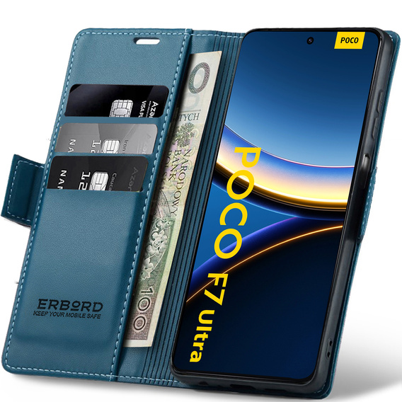 Puzdro pre Xiaomi Poco F7 Ultra, ERBORD Glossy Litchi, flipová peňaženka, modré