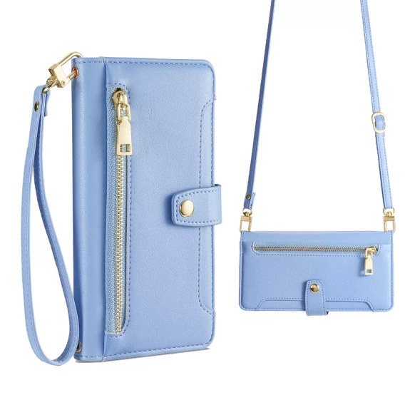 Klapkové puzdro pre iPhone 16E, Wallet Zipper Pocket, modré