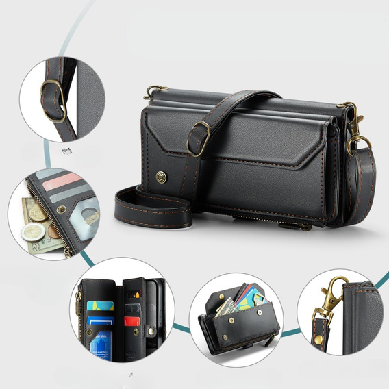 Puzdro CASEME pre iPhone16e, RFID Leather Wallet, s popruhom cez rameno, čierne
