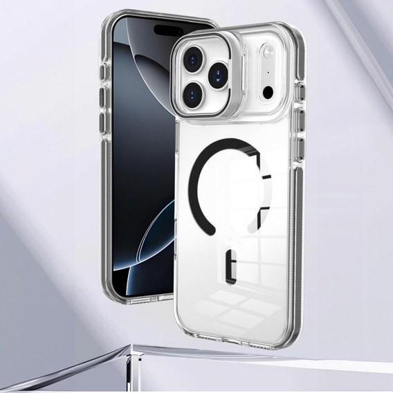 Puzdro pre iPhone 17 Pro Max, pre MagSafe, so stojanom, priehľadné s čiernymi vložkami