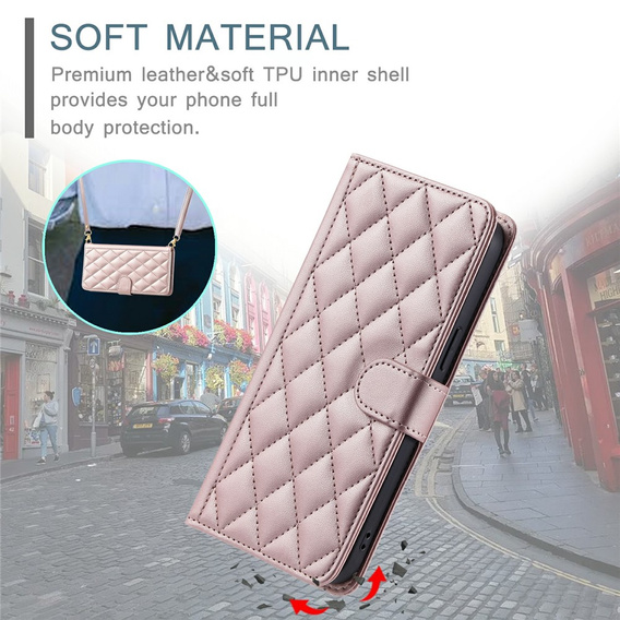 Puzdro s chlopňou pre Samsung Galaxy S25 FE, Rhombus Crossbody Leather, ružové rose gold