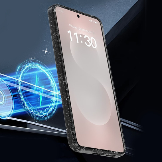 Třpytivé pouzdro, pro MagSafe pro Samsung Galaxy S26, průhledné/černé