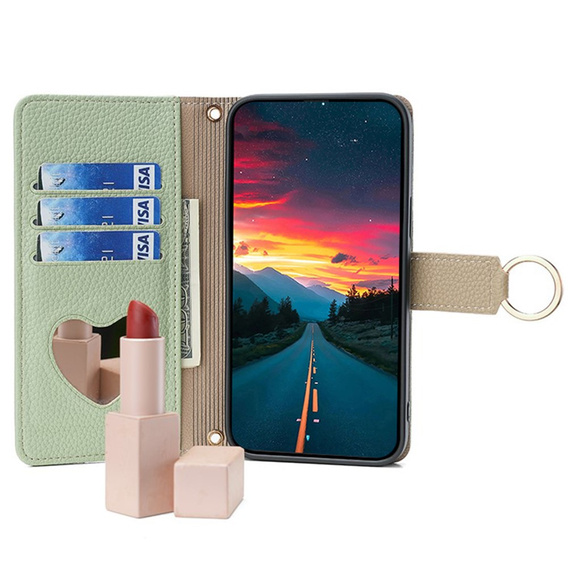 Flipové puzdro pre Oppo Reno 11F 5G, Wallet Zipper Pocket, so zrkadlom, zelený