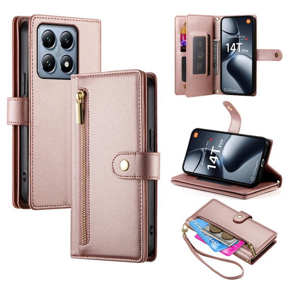 Klapkové puzdro pre Xiaomi 14T Pro, Wallet Zipper Pocket, ružové