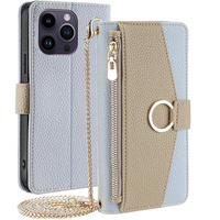 Flipové puzdro pre iPhone 15 Pro, Wallet Zipper Pocket, so zrkadlom, modré