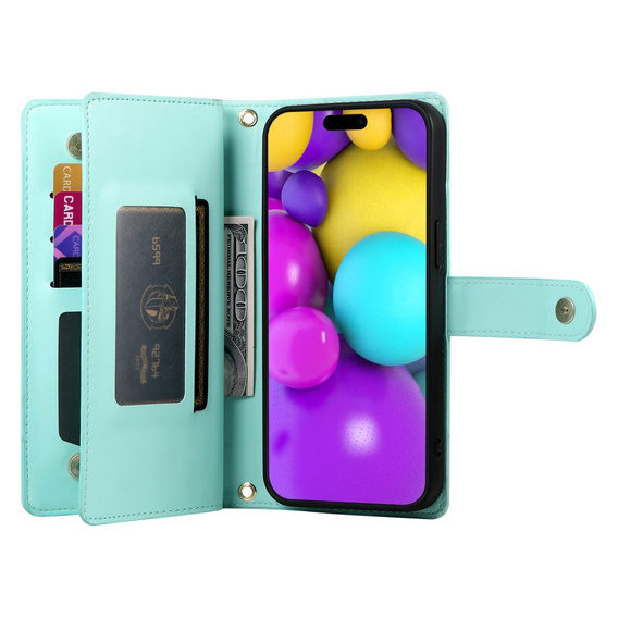 Klapkové puzdro pre iPhone 16, Wallet Zipper Pocket, zelený