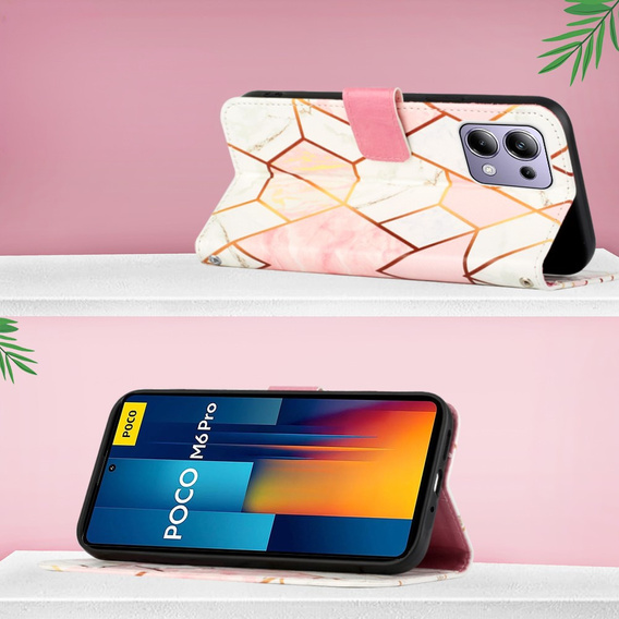 Klapkové puzdro pre Xiaomi Redmi Note 13 Pro 4G / Xiaomi Redmi Note 14S / Xiaomi Poco M6 Pro 4G, Wallet, Marble ružové