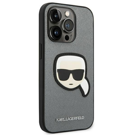 Karl Lagerfeld Obal na mobil pre iPhone 14 Pro, Saffiano Karl's Head Patch, strieborné