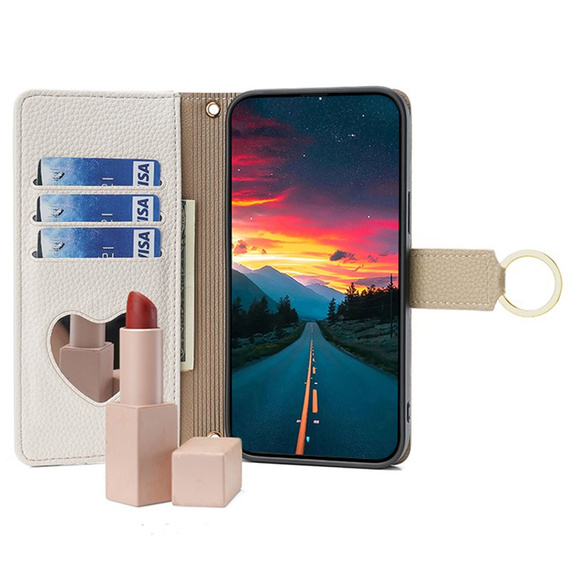 Flipové puzdro pre Samsung Galaxy S24, Wallet Zipper Pocket, so zrkadlom, biele