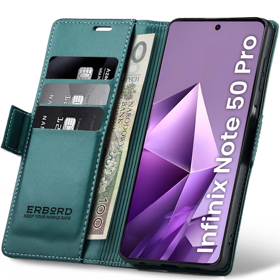Puzdro pre Infinix Note 50 Pro, ERBORD Glossy Litchi, flipová peňaženka, zelený