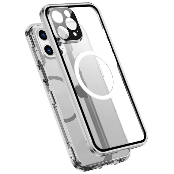 Magnetické puzdro Dual Glass MagSafe pre iPhone 13 Pro, strieborné