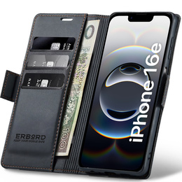 Puzdro pre Iphone 16E, ERBORD Glossy Litchi, flipová peňaženka, čierne