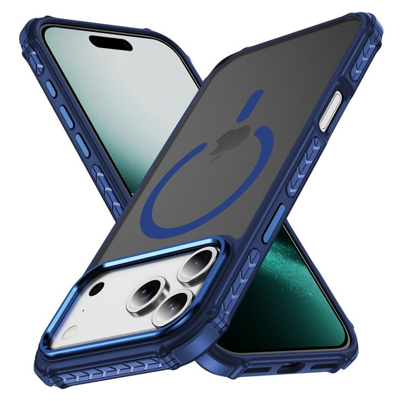 Matné puzdro pre iPhone 17 Pro Max, pancierované, pre MagSafe, dymové s modrými stranami