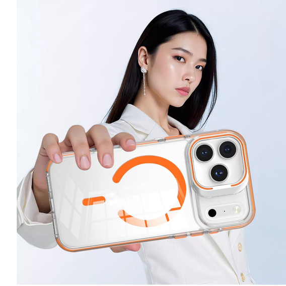 Puzdro pre iPhone 17 Pro, pre MagSafe, so stojanom, priehľadné s oranžovými vložkami