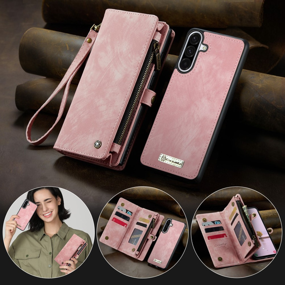 CASEME puzdro pre Samsung Galaxy A56 5G, Retro Leather Wallet, s remienkom, ružové