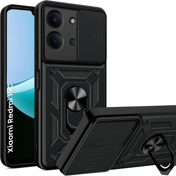 Pancierované puzdro pre Xiaomi Redmi 15C 4G/LTE, s ochranou fotoaparátu, so stojanom, čierne