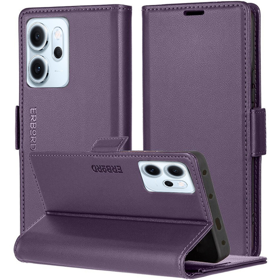 Puzdro pre Oppo Reno 14 F / 14 FS, ERBORD Glossy Litchi, flipová peňaženka, fialové