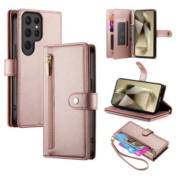 Klapkové puzdro pre Samsung Galaxy S25 Ultra, Wallet Zipper Pocket, ružové