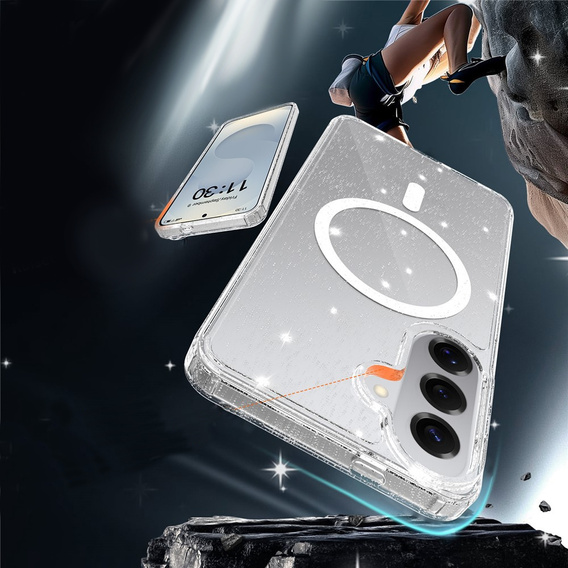 Tvrdené puzdro s trblietkami, pre MagSafe pre Samsung Galaxy S26 Plus, priehľadné