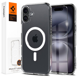 Puzdro MagSafe Spigen pre iPhone 16, Ultra Hybrid, transparentné / biele + tvrdené sklo 9H