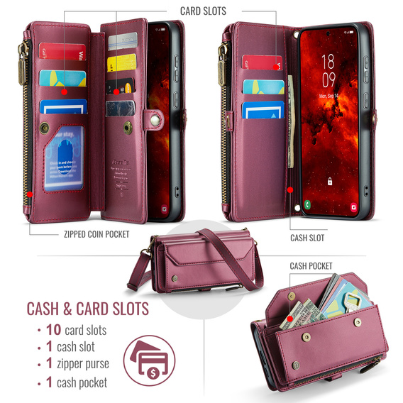 Puzdro CASEME pre Samsung Galaxy S25 FE, RFID Leather Wallet, s popruhom cez rameno, červené