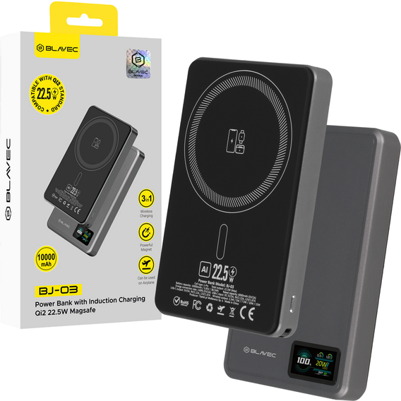 Blavec Power Bank 10000mAh BJ-03 Slim 13,5 mm - Typ C - 22,5 W, MagSafe 3v1 - sivá