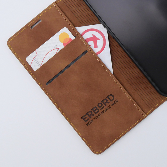 Puzdro pre iPhone 15, ERBORD Vintage, peňaženka s chlopňou, hnedé