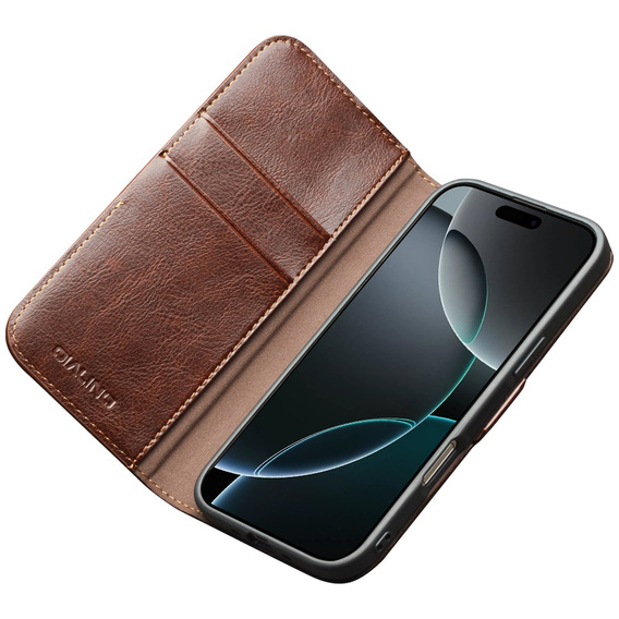 QIALINO Flipové puzdro z pravej hovädzej kože pre iPhone 17 Pro, hnedé