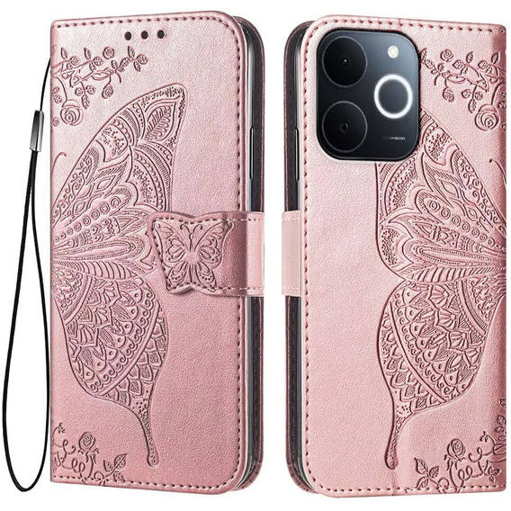 Klapkové puzdro pre Realme Note 70T 4G, Butterfly, ružové rose gold
